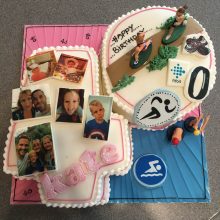 Personalised photo cake featuring multiple family photos. The cake is in the shape of a 4 and a 0.